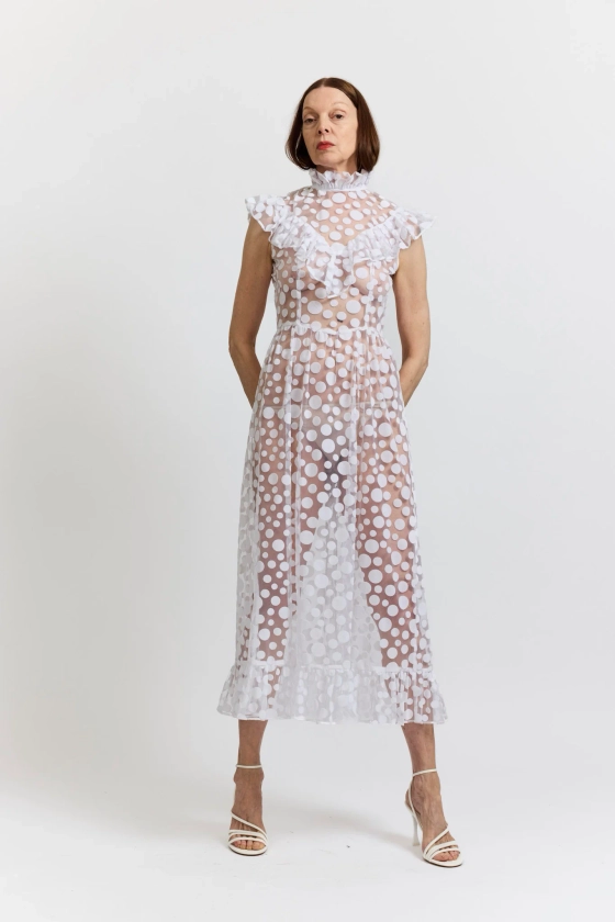 Caroline Dress in White Polka Dot Flocked Tulle