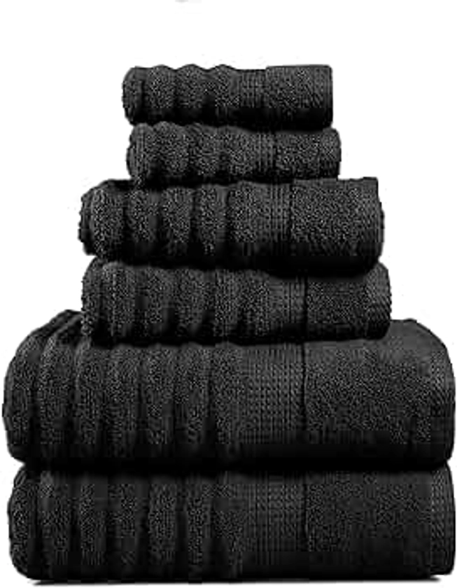 LANE LINEN Luxury Ribbed Bath Towels - 100% Cotton Towels for Bathroom, Zero Twist, Soft Textured, Extra Absorbent, Quick Dry, 2 Bath Towels, 2 Hand Towels, 2 Wash Cloths - Black (6 Piece Set)