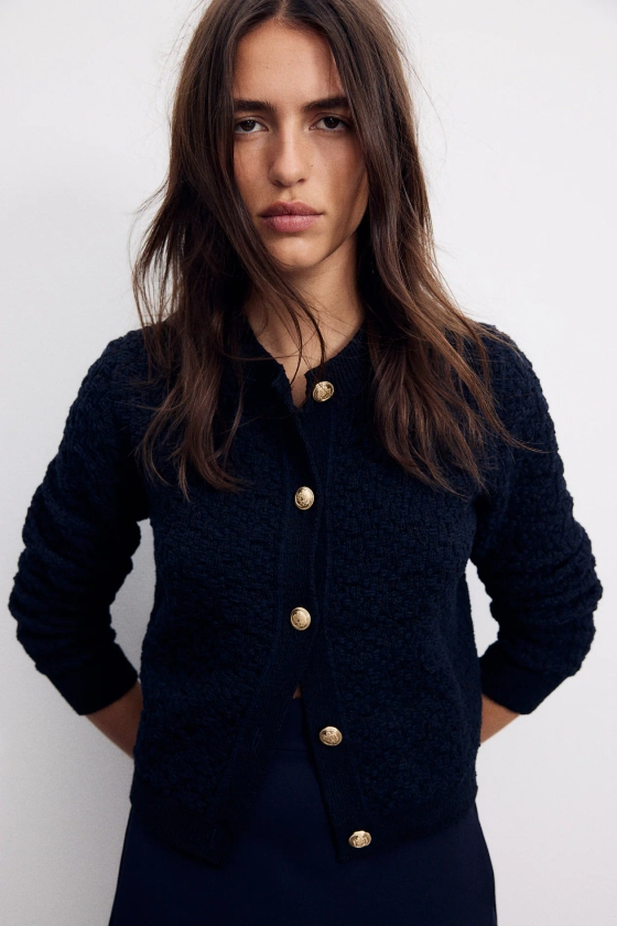 Textured-knit cardigan - Round neck - Long sleeve - Navy blue - Ladies | H&M GB