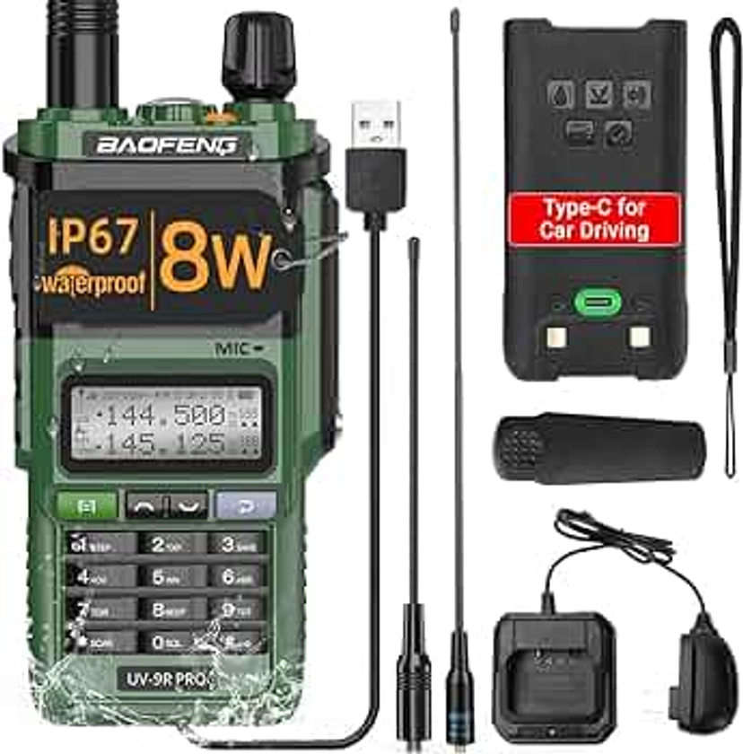BAOFENG UV-9R Pro Radio Handheld Two Way Radio Dual Band Waterproof Transceiver Long Range Walkie Talkie Rechargeable with Type-C Charger