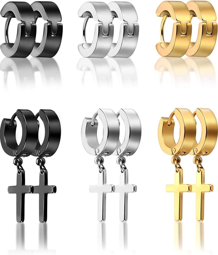 6 Pairs of Cross Earrings Dangle Hinged Stainless Steel Hoop and Stud for Men Women Wearing (Style Set 1)