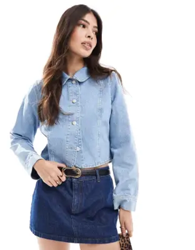 ASOS DESIGN denim round collar jacket in mid blue