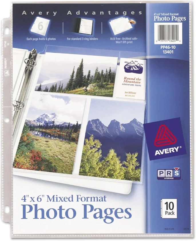 Avery 13401 Photo Storage Pages for Six 4 x 6 Mixed Format Photos, 3-Hole Punched, 10/Pack