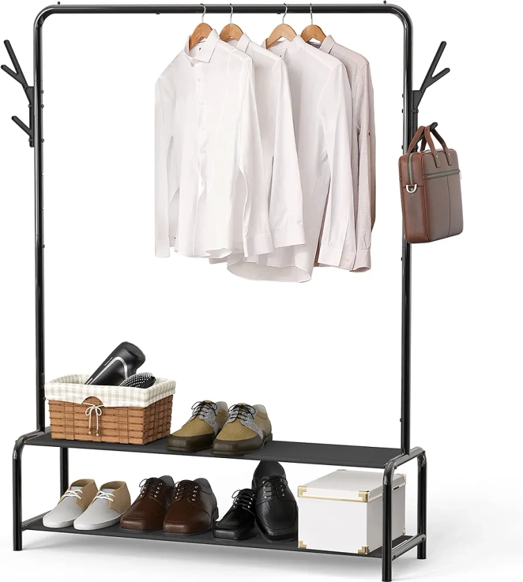 SimpleHouseware Garment Rack with Storage Shelves and Coat/Hat Hanging Hooks