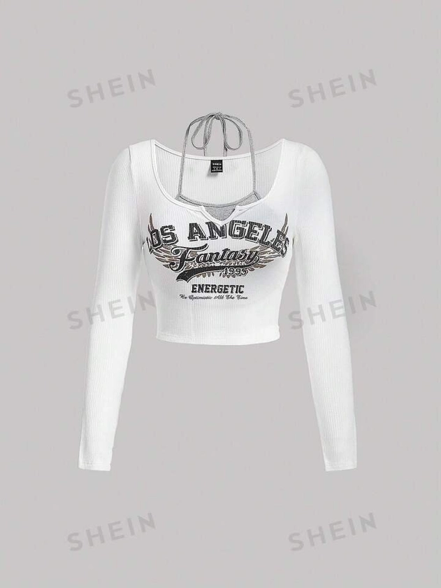 SHEIN MOD Letter Graphic Tie Back Crop 2 In 1 Tee