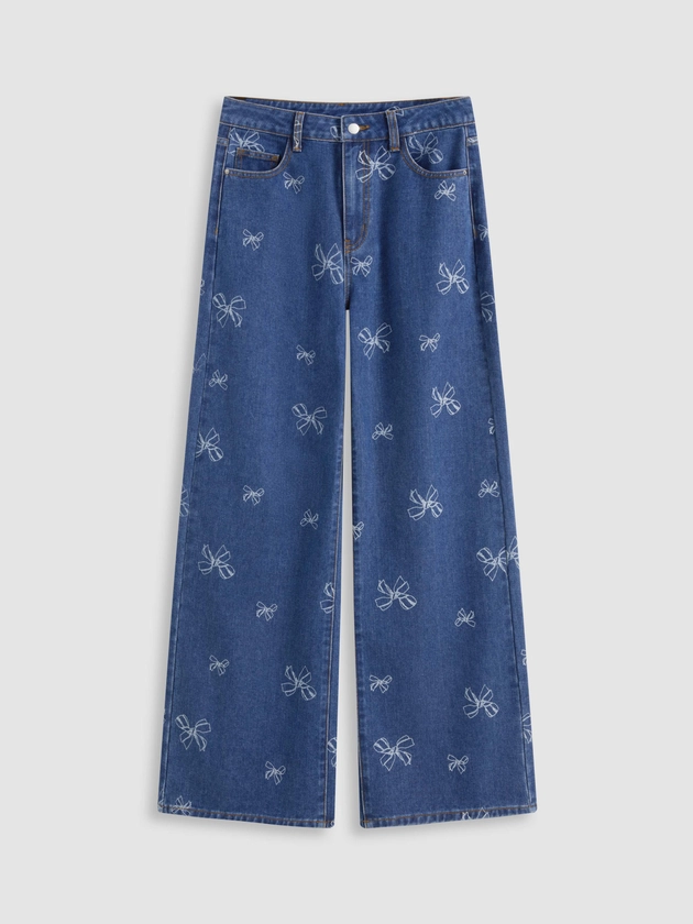 Bowknot Jeans Denim Cider Denim Low Rise Bowknot Print Wide Leg Jeans For School