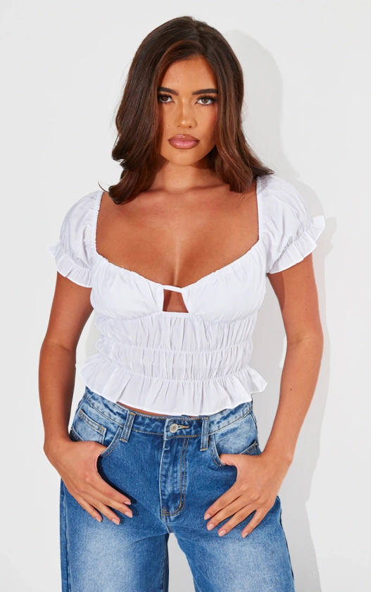 White Shirred Ruched Crop Top