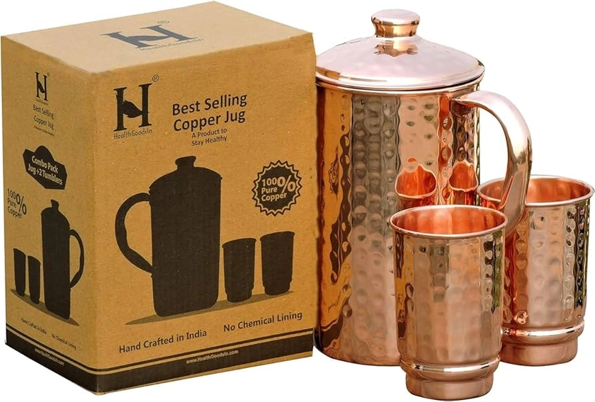 HealthGoodsAU - Pure Copper Hammered Water Jug with 2 Hammered Copper Tumbler | Copper Pitcher and Tumbler for Ayurveda Health Benefit