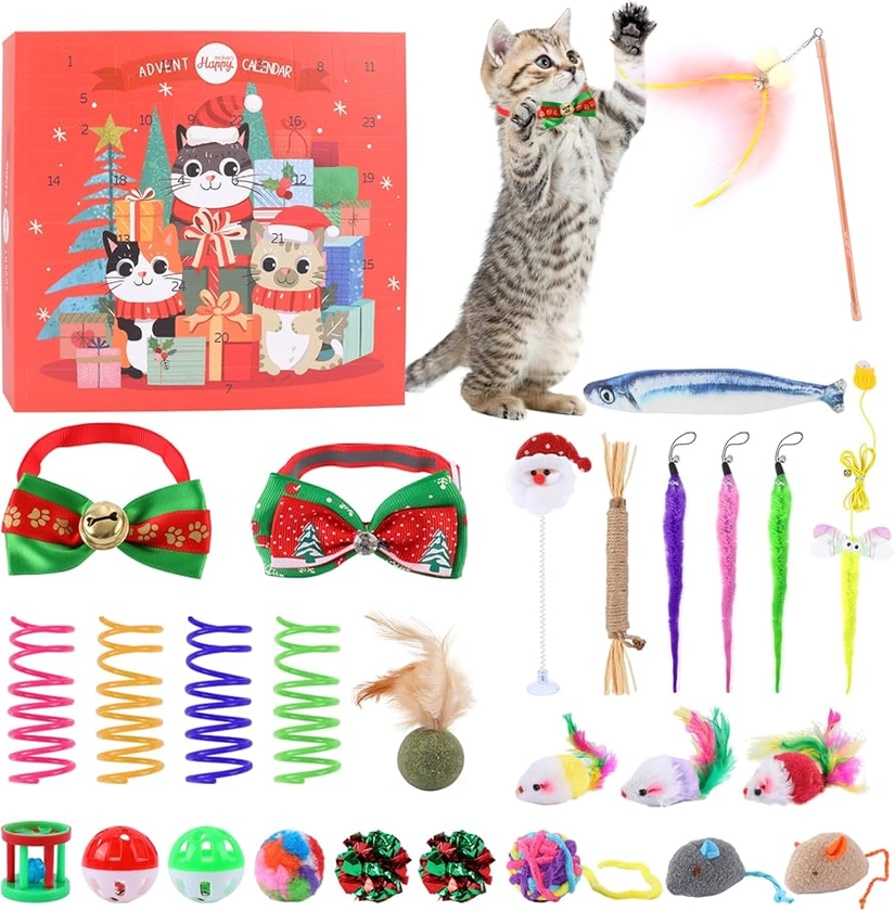 Cat Advent Calendar 2024,24 Days Cat Toys Christmas Countdown Calendar for Cat with Catnip Toys, Mice, Interactive Wand Santa Claus and Ball Bells Xmas Gifts for Kitten & Cat Lovers（0.57Ib)