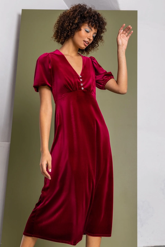 Wine Velvet Button Detail Fit & Flare Dress | Roman UK