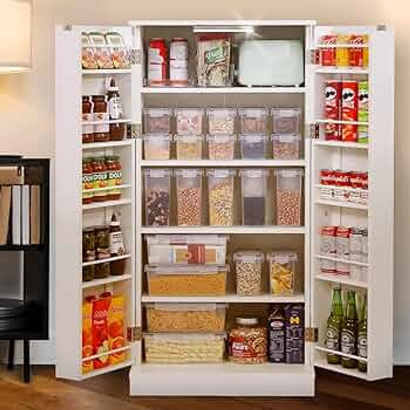 50" LED Kitchen Pantry Storage Cabinets - Food Cabinets Freestanding Cupboards with 2 Doors with Racks and Shelves Adjustable for Small Space in Dinning Room, Living Room, in White