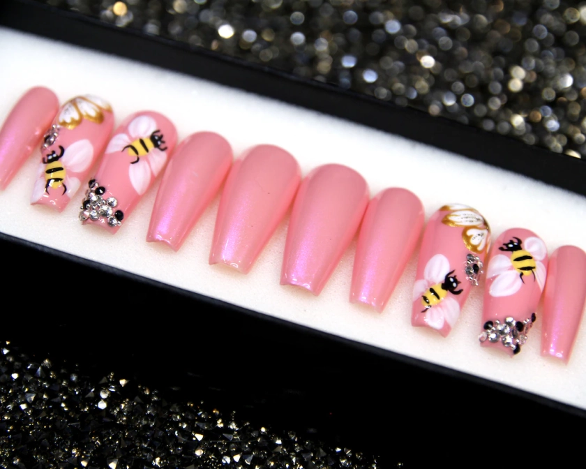Taffy Pink Honey Minimal Nails With Crystal Long Nails Coffin Pastel Press on Nails Summer Glue on Nails Fake Nails Set V32 - Etsy