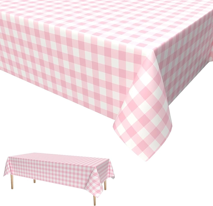 GRESATEK Nappe à carreaux rose et blanc, nappe de fête vichy jetable imperméable pour pique-nique, banquet, anniversaire, goûter, 137 x 274 cm