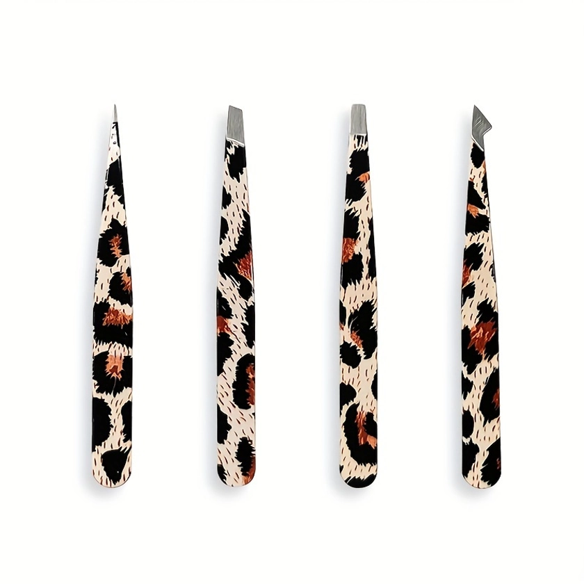 4pcs. Beauty Facial Retouching Leopard Print Tweezers, All-metal Material, High-precision Clamp, Can Be Used To Retouch Eyebrows, Eyelashes And Nose Hair, Hair Removal, Facial Hair Removal, All-in-one, Exquisite Makeup