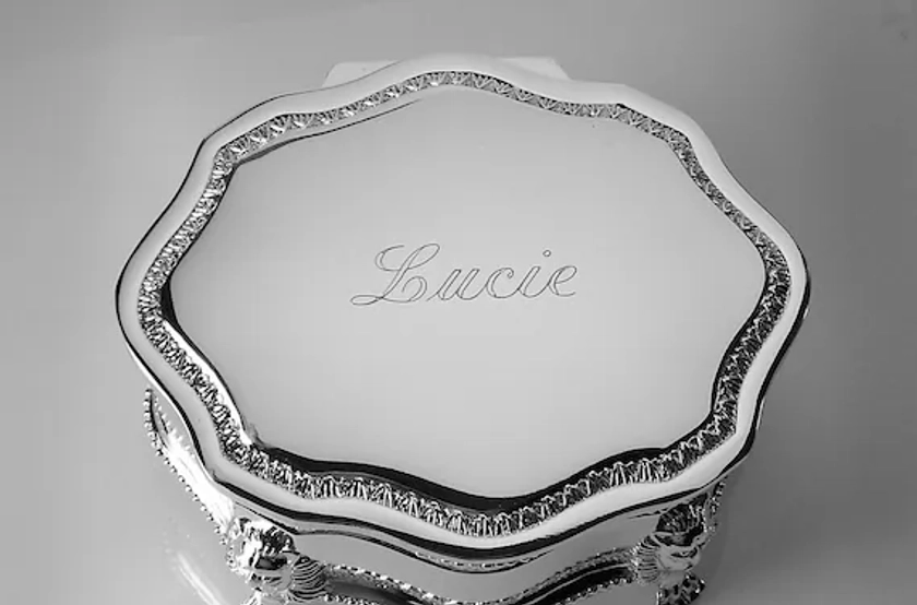 Custom Engraved Personalized Jewelry Box Silver Plated Victorian Design Footed Trinket Box - Hand Engraved