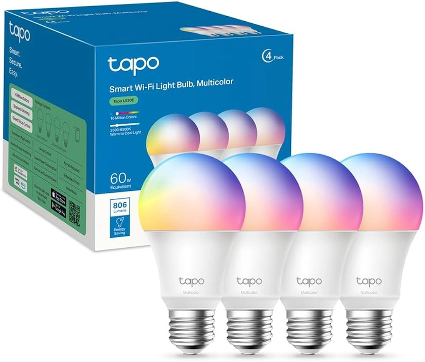 Tapo Ampoule Connectée WiFi, Ampoule LED E27 Multicolore 2500K-6500K, Dimmable 8.7 W 806Lm, Compatible avec Alexa et Google Home, Commande Vocale, Economie d'énergie, Tapo L530E(4-pack) : Amazon.fr: Luminaires et Éclairage