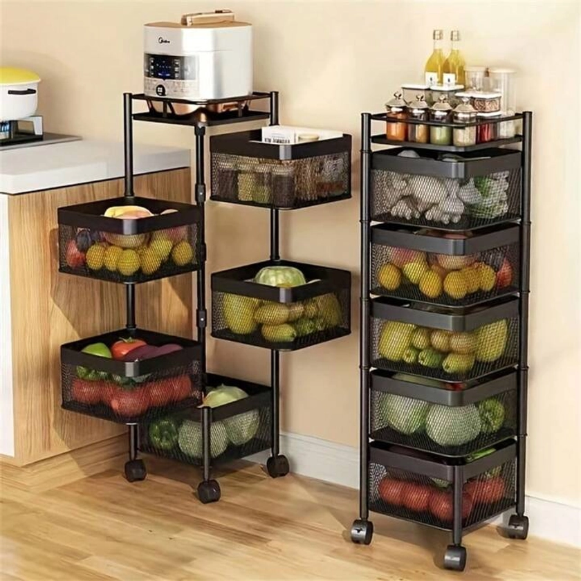 5-Tier Kitchen Rotatable Multi-Function Storage Rack, Floor-Standing Snack & Fruit Vegetable Basket Organizer Cart, Household