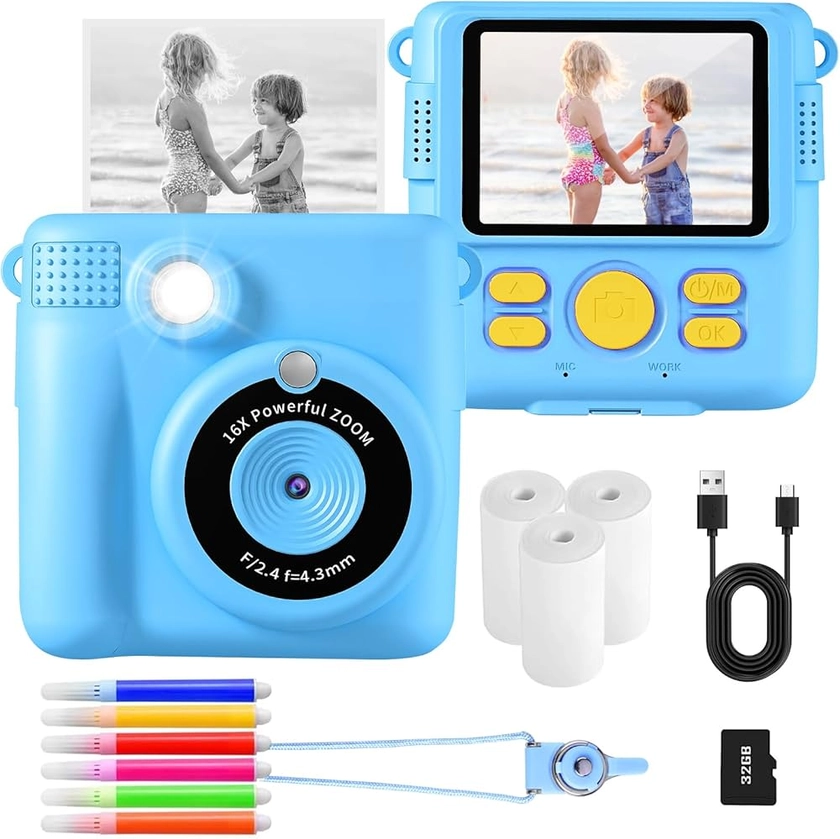 AORILE Kids Camera,Instant Print Camera for Kids,1080P HD Digital Camera with 32G SD Card,3 Rolls Photo Paper & 6 Color Pens, for 3-14 Year Old Girls (Blue)