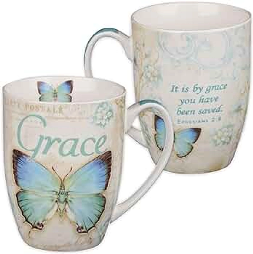 Christian Art Gifts Botanic Blue Butterfly Ceramic Coffee Mug – Inspirational Coffee Cup for Women & Men 12 oz. Lead-free Microwave and Dishwasher Safe Coffee Mug with Bible Verse: Grace - Eph. 2:8