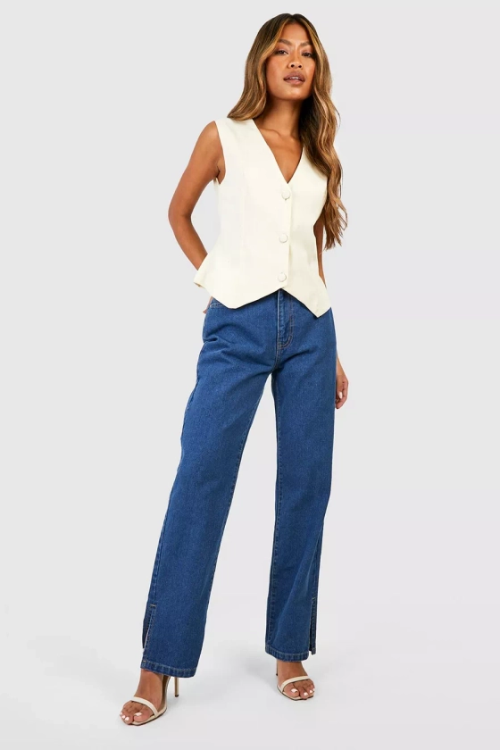 Basics High Waisted Split Hem Straight Leg Jeans