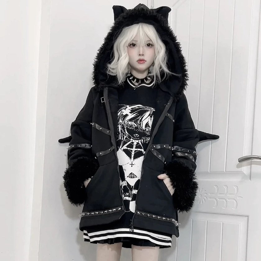 Abrigo de imitación de pelo de cordero japonés para mujer, Sudadera con capucha suelta negra Harajuku Punk gótico para niña, Otoño e Invierno - AliExpress