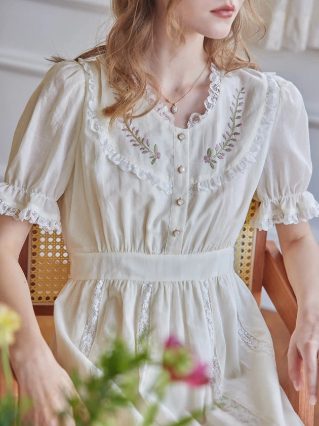 Sophie Embroidered Lace White Midi Dress