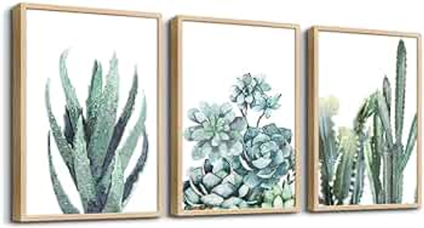 Natural Wood Framed Canvas Wall Art For Living Room Wall Decor For Bedroom Bathroom Decor Pictures Artwork Green Plant Flowers Paintings Modern Kitchen Home Decorations Of 3 Piece Framed Art Prints