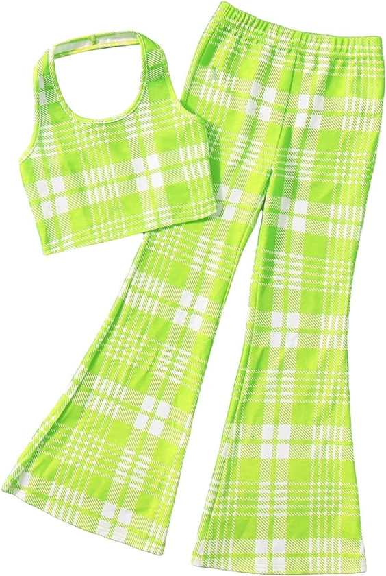 OYOANGLE Girl's 2 Piece Outfits Plaid Halter Crop Top and Bootcut Flare Leg Pants Set
