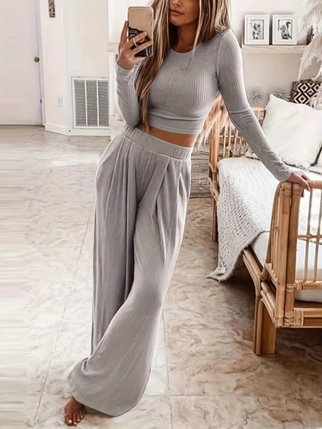 Elegant Women's Knit Sweater Wide leg Pants Set Solid Color - Temu