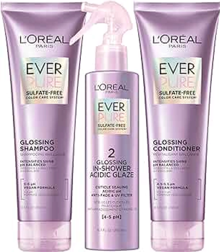 L'Oreal Paris Sulfate Free Glossing Shampoo and Conditioner Set with Hair Treatment, Intensifies Hair Shine & Smoothness, pH Balanced Vegan Hair Care, EverPure, 8.5 Fl Oz