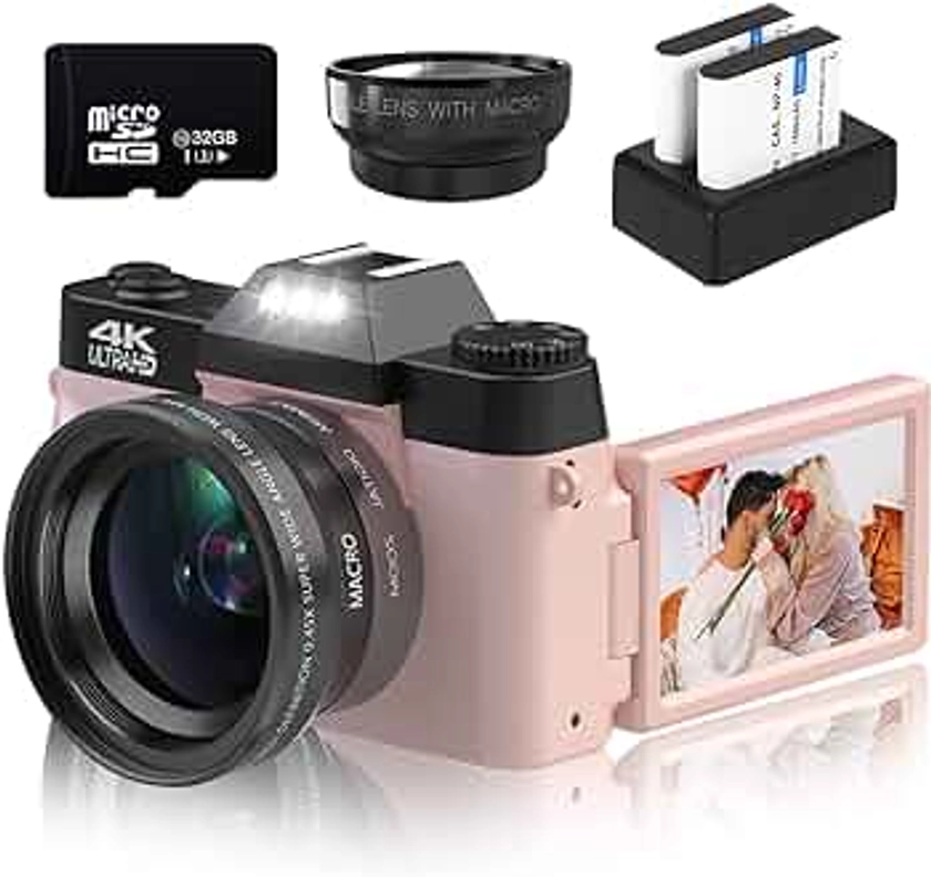 VETEK Digital Cameras for Photography, 4K 48MP Vlogging Camera 16X Digital Zoom Manual Focus Students Compact Camera with 52mm Wide-Angle Lens & Macro Lens, 32G Micro Card and 2 Batteries (Pink)