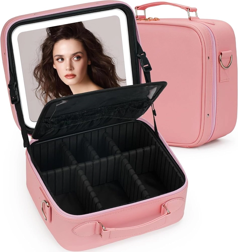 Travel Makeup Bag with Light Up Mirror,Makeup Travel Case with adjustable dividers,Waterproof Makeup Train Case,lighted Makeup Case with Detachable Mirror