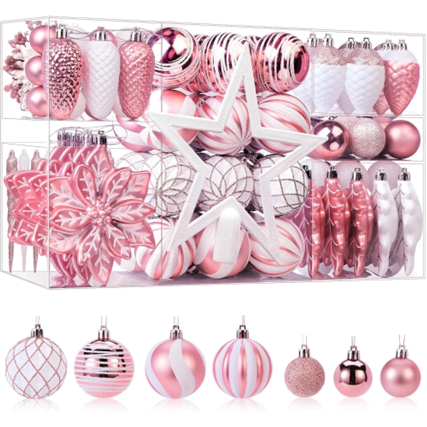 (Pink & White) 106pcs Christmas Balls Ornaments Set, Shatterproof Plastic Decorative Baubles for Xmas Tree Decor Holiday Wedding Party Decoration with Hooks Included on OnBuy