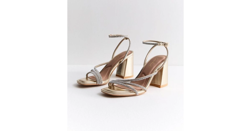Gold Multi Strap Diamanté Block Heel Sandals | New Look