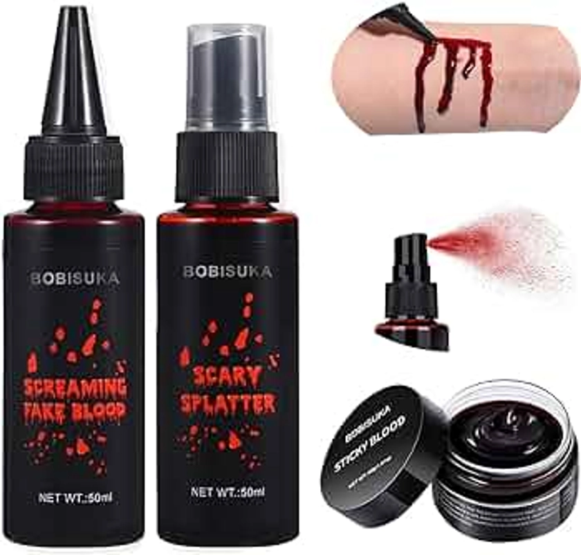 BOBISUKA 3PCS Halloween Fake Blood Makeup Kit - Coagulated Blood 1.41oz + Fake Blood Spray 1.76oz + Dripping Blood 1.76oz, Realistic Washable Special Effects SFX Makeup Set, for Zombie Vampire Monster