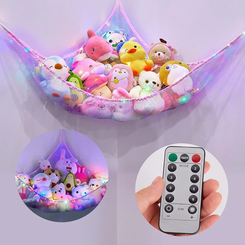 Basumee Stuffed Animals Net or Hammock with LED Light Hanging Toy Net Hammock for Stuffed Animals Storage Stuff Animals Hammocks for Nursery Kids Room with Remote Control, 8 Kinds of Lights(Pack of 1)