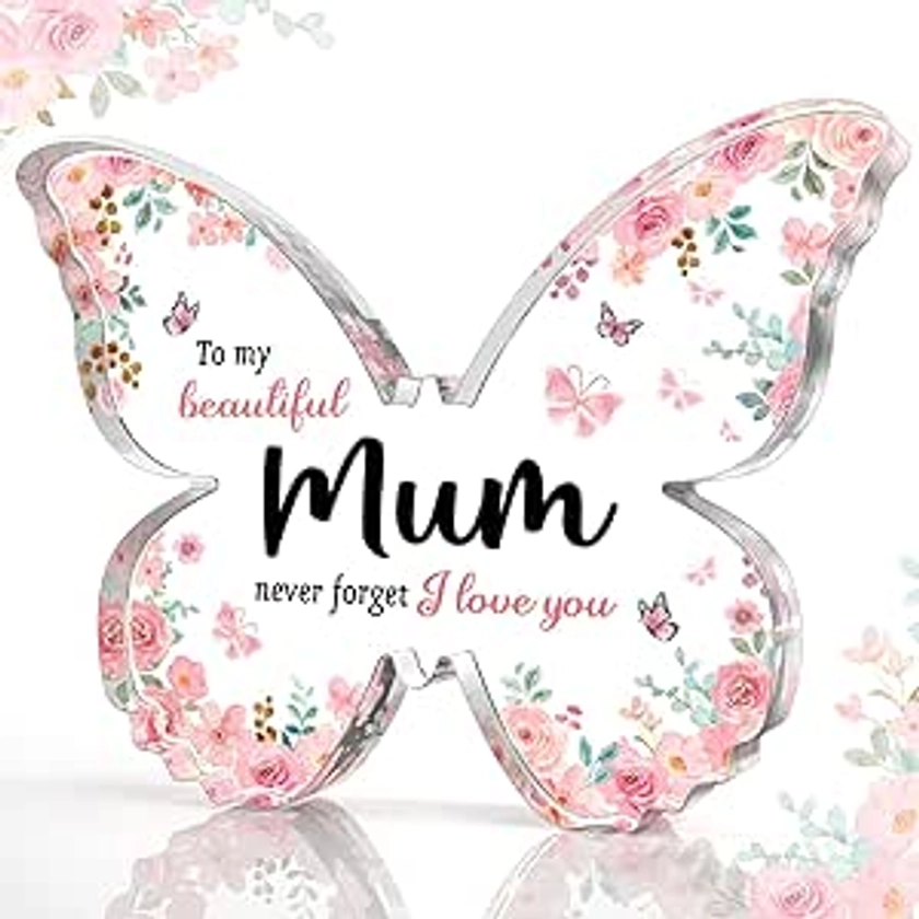 CheriGift Gifts for Mum, Best Mum Birthday Gifts, Christmas or Mothers Day Gift for Mum, Beautiful Butterfly-shaped Acrylic Plaque, Thoughtful Mum Gifts from Daughter Son - To my beautiful mum