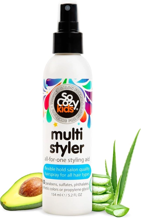 SoCozy Multi Styler, Styling Hair Spray for Kids, Safe for Everyday Use (5.2 Fl Oz) Holds Like a Light Gel, Gentle Formula with Quinoa, Vitamin B5 & Aloe, No Parabens, Sulfates or Synthetic Colors