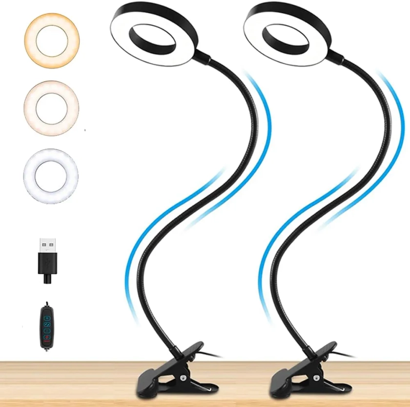 Jigerjs Lampes Lecture à Pince,3 Couleurs10 Luminosité, Lampe Bureau USB 48 LED, Lampe à Pince à Col Cygne Flexible à 360 °,Lampe à Pince Pour Livre Protection Yeux Pour Tête lit Bbureau (2 Pack)