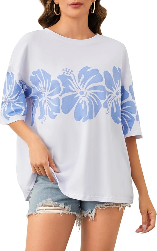 Anoumcy Cotton Oversized Hibiscus Tee Shirt for Women Floral Graphic Hawaiian T Shirts Casual Summer Vacation Loose Tops Blue S at Amazon Women’s Clothing store