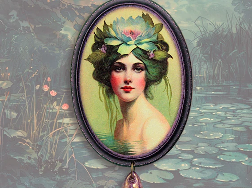 BREATHE UNDERWATER ++ grande broche broche sirène nymphe sirène nénuphar bijoux surréalistes style vintage bois