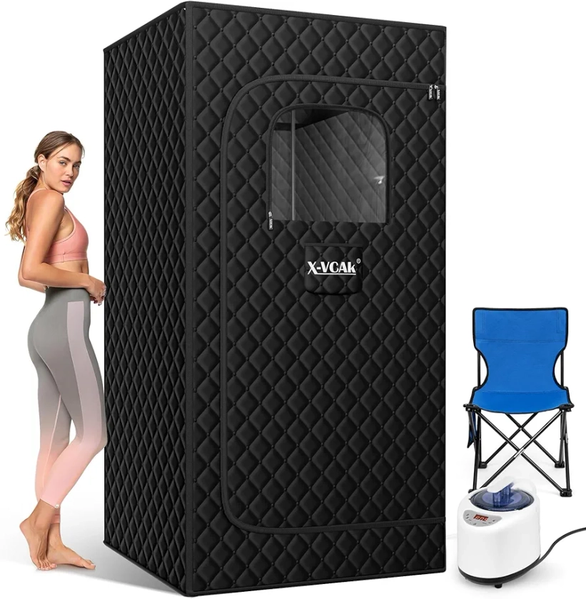 Portable Steam Sauna, Portable Sauna for Home, Sauna Tent Sauna Box with 2.6L Steamer, Remote Control, Folding Chair, 9 Levels, Black, 2.6’ x 2.6’ x 5.9’