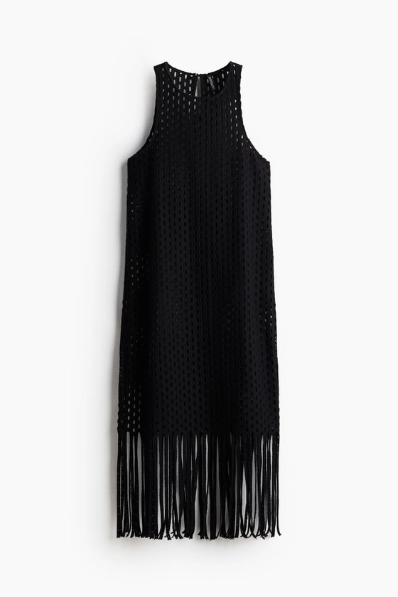 Crochet-look fringe-trimmed knitted dress - Black - Ladies | H&M GB