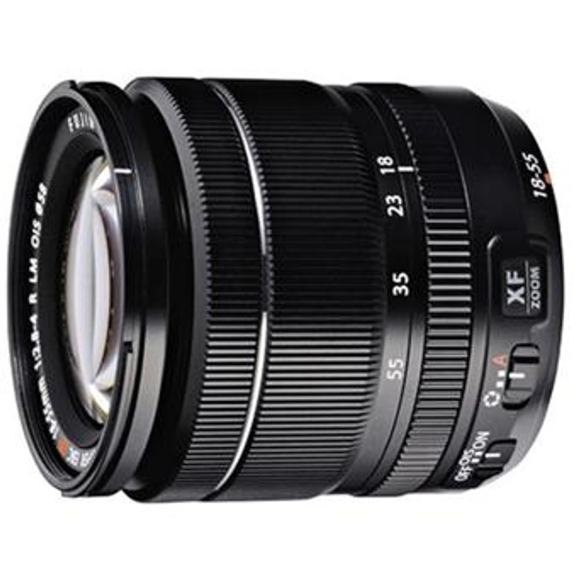 Objectif hybride Fujifilm XF 18-55mm f/2.8-4 R LM OIS noir : Zoom Standard stabilisé Fuji XF Fujinon 18 – 55 mm f 2.8 – 4.0 R LM OIS, Spécifique boîtiers numériques Hybrides à Monture Fuji X-Mount; Focale équiv. 24x36 : 27 – 84 mm; Construction optique : 14 lentilles en 10 groupes incluant 3 lentilles asphériques;