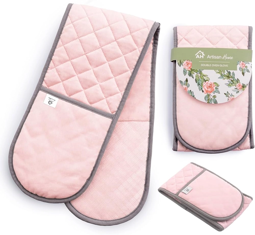 Pink Double Oven Gloves | Maximum Heat Resistant Protection | Double Oven Mitt With Silicone Non-slip Design | Machine Washable Oven Glove Home & Kitchen Accessories. : Amazon.co.uk: Grocery