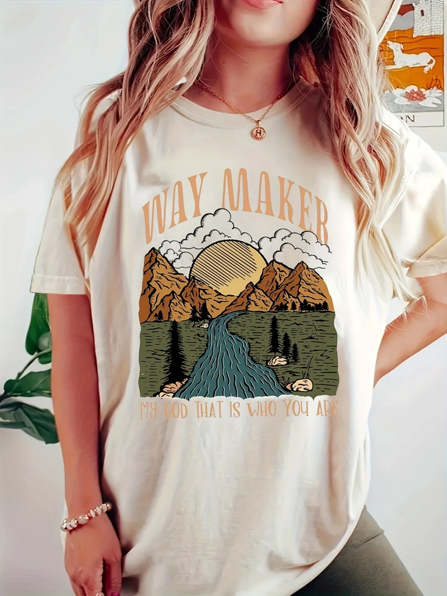 Mountain & River Print T-shirt, Casual Short Sleeve Crew Neck Top For Spring & Summer, Women's Clothing