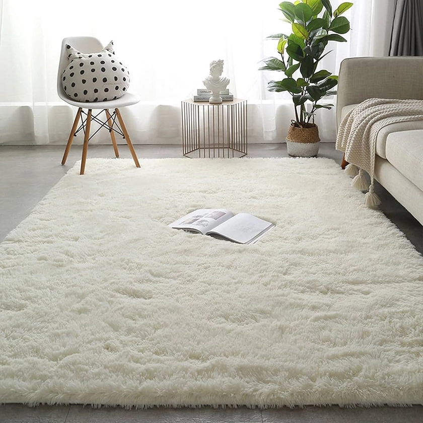 Grand tapis moderne à poils longs, antidérapant, doux au toucher, en fausse fourrure, pour salon, chambre à coucher, canapé, chambre d'enfant - 200 x 200 cm - Beige