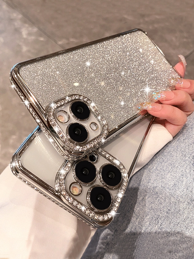 Luxury Electroplated Rhinestone Decorated Sparkling Powder Apple Phone Case compatible with iphone 15/15promax/15pro/15plus/11/12/13/14promax/xs/xr/11pro/11promax/12pro/12promax/13pro/13promax/7plus/14pro/14promax/14plus/7plus/8plus/8/se2, Soft And Minimalist