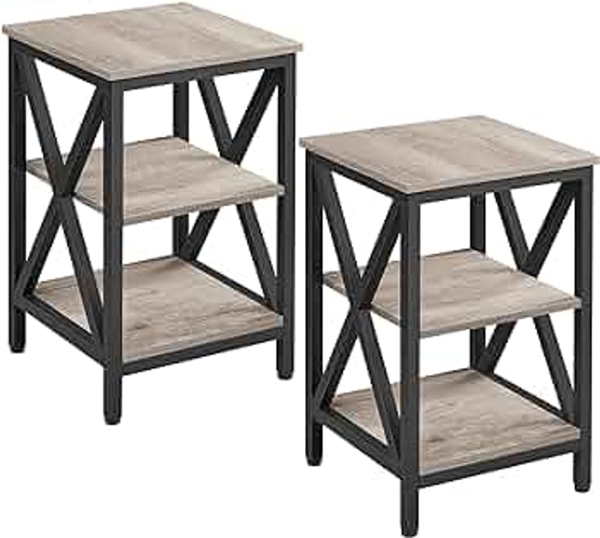 Yaheetech Industrial End Tables Set of 2, 3-Tier Side Tables with Storage Shelves for Living Room, X Design Sofa Tables, Strong Metal Frame, Easy Assembly, 16x16x24.5 In, Gray