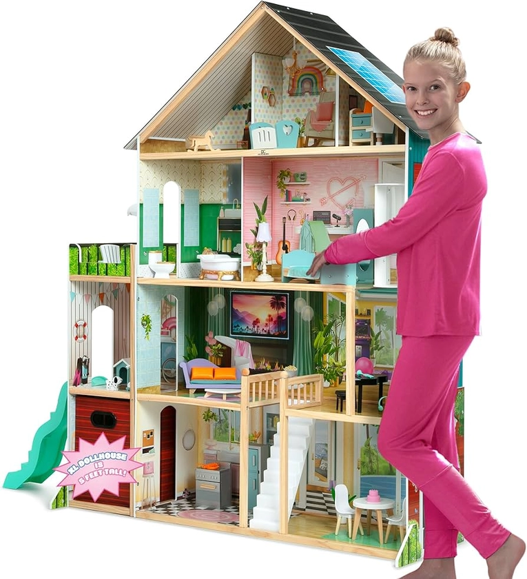 Delta Children Deluxe Maui Dollhouse - Large 4-Story Dollhouse with 12 Rooms Includes 50 Accessories - Working Elevator, Wave Slide, Lights/Sounds - Fits 12-inch Dolls - Pretend Play Gift for Ages 3+